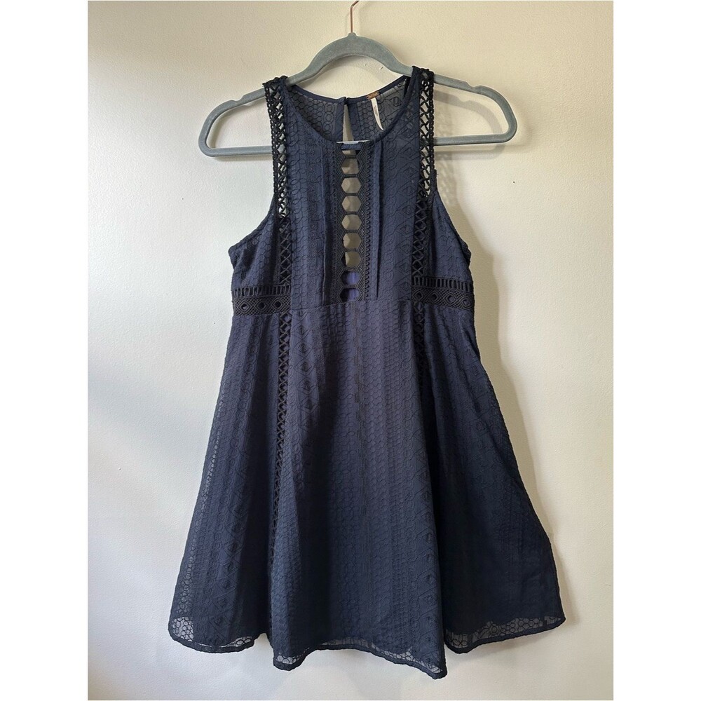 Free People Wherever You Go Navy Lace Crochet Embroidered Dress Sz 4 Boho Indie